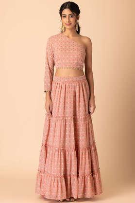 printed crop length georgette woven women's lehenga choli set - pink