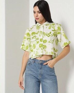 printed crop shirt with welt pocket