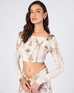 printed crop top with embroidered patchwork