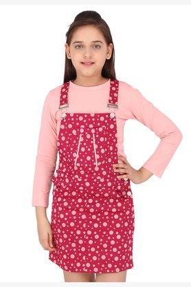 printed denim & knit round neck girls casual wear dress - red