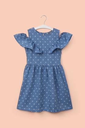 printed denim round neck girl's casual wear dress - mid stone