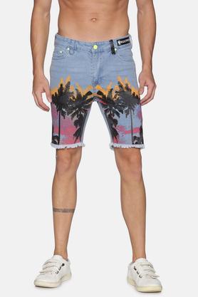 printed denim skinny fit men's shorts - blue