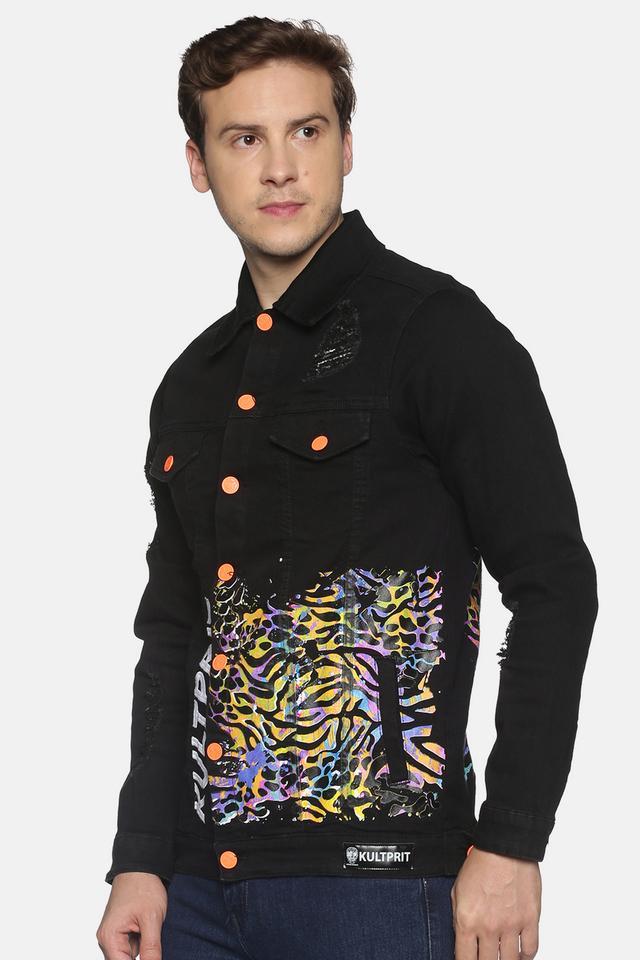 printed denim slim fit mens casual jacket