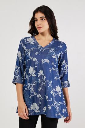 printed denim v-neck women's tunic - blue