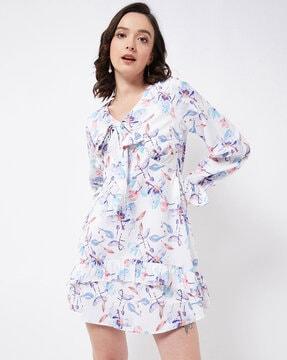 printed dress with ruffled-hemline