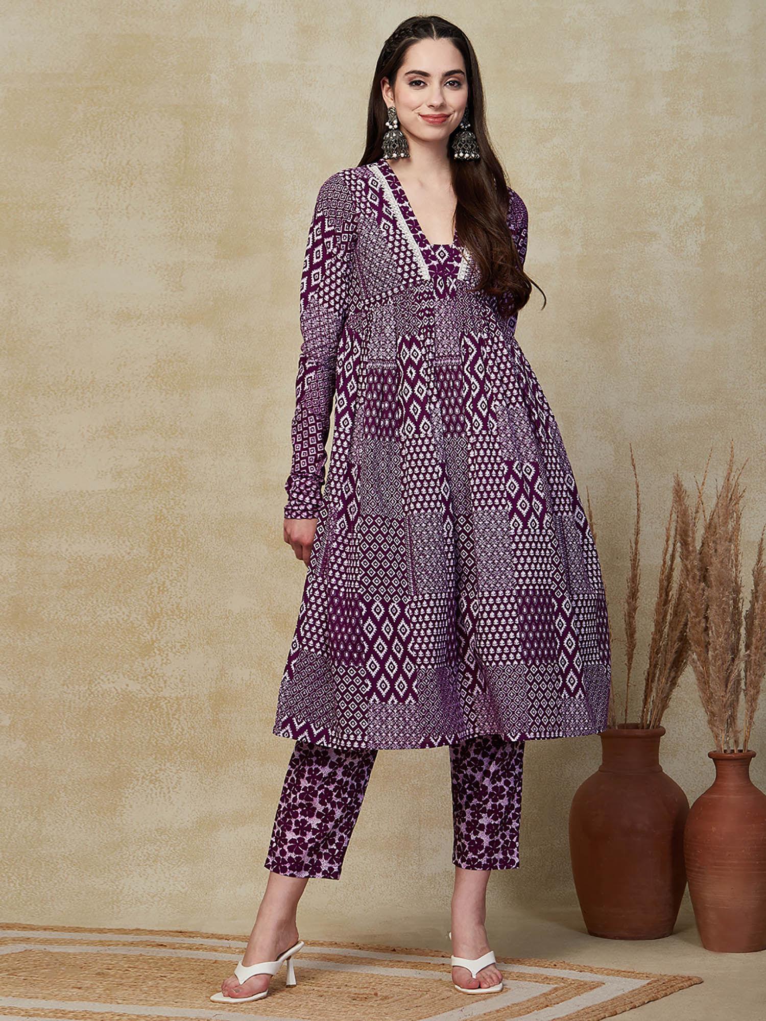 printed embroidered kurta with pant - purple (set of 2)