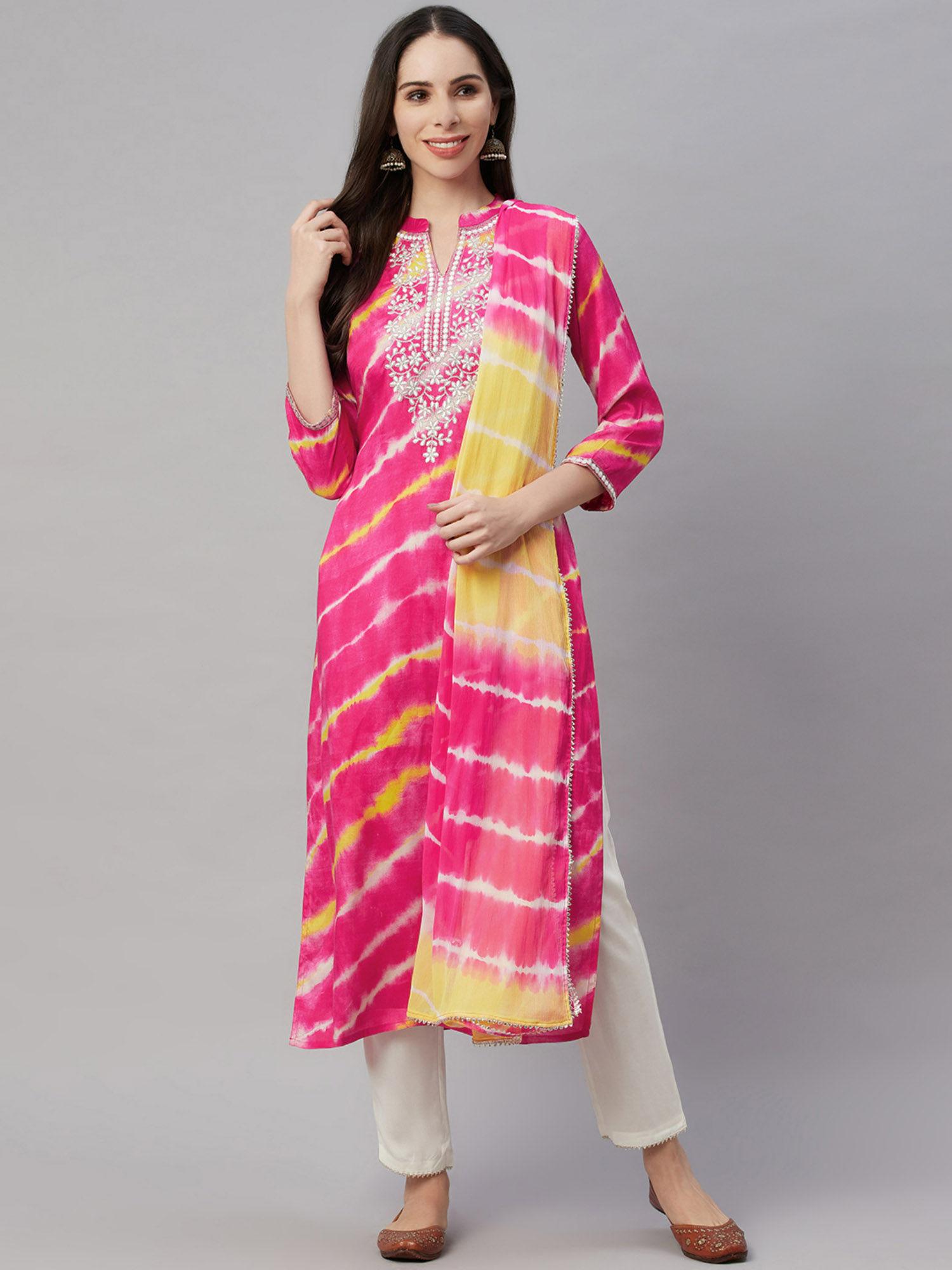 printed embroidered straight kurta pant dupatta - pink (set of 3)