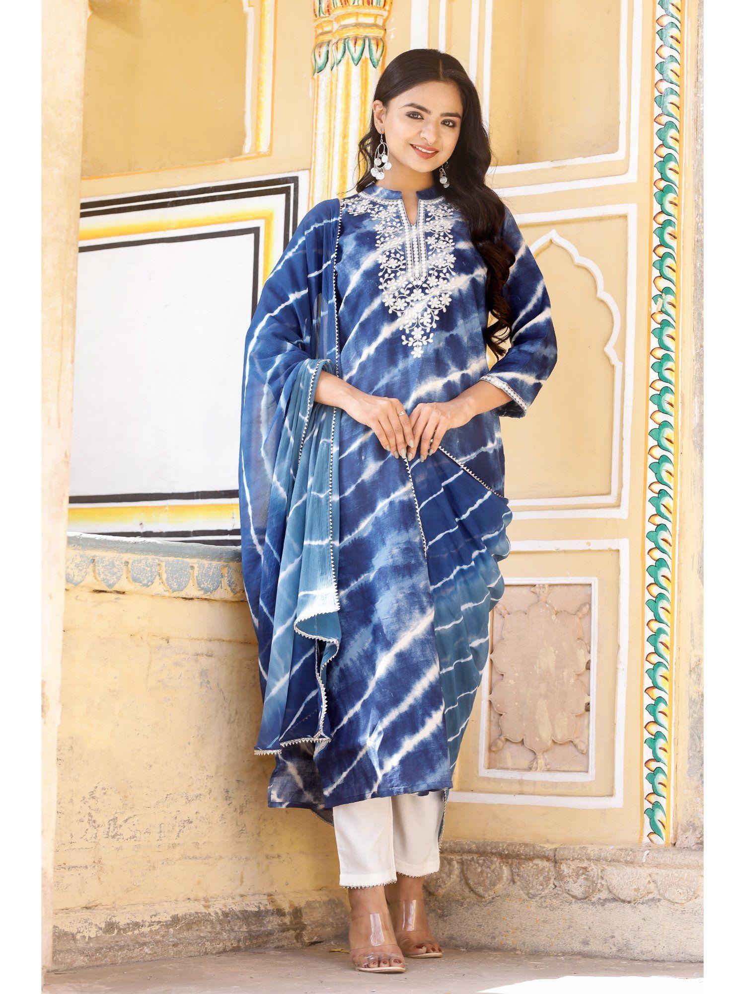 printed embroidered straight kurta with pant anddupatta (set of 3)