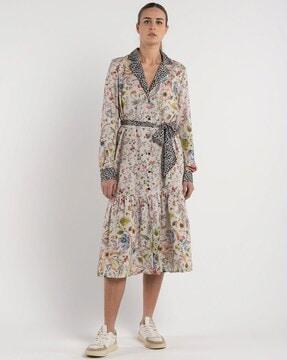 printed fit & flare dress with belt