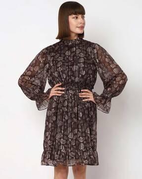 printed fit & flare dress with bishop sleeves