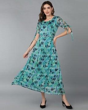 printed fit & flare dress with cold-shoulder sleeves