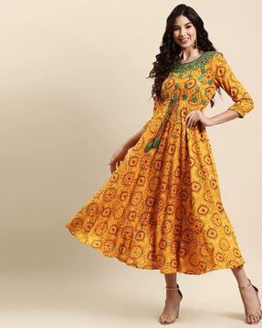 printed fit & flare dress with embroidery