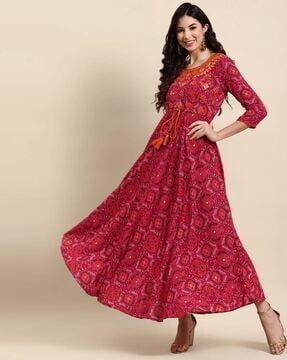 printed fit & flare dress with embroidery