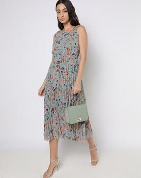 printed fit & flare dress with fabric belt
