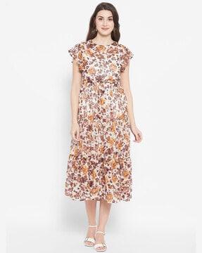 printed fit & flare dress with flutter sleeves