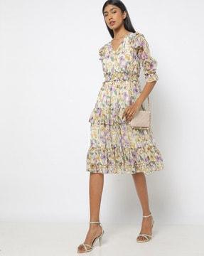 printed fit & flare dress with ruffles