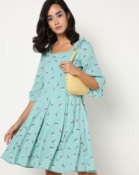 printed fit & flare dress with ruffles