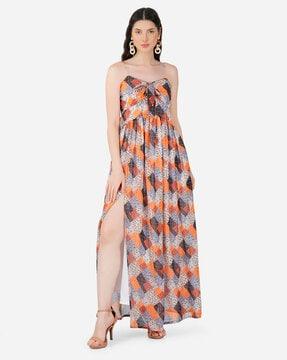printed fit & flare dress with side slit