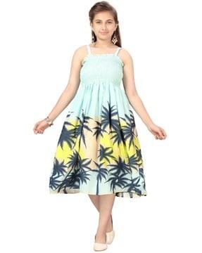 printed fit & flare dress with smocked bust