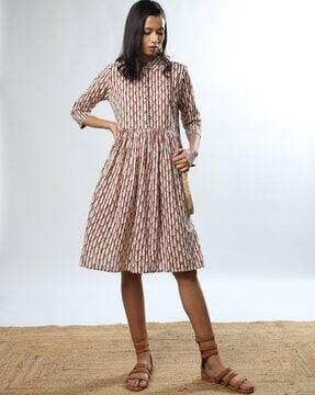 printed fit & flare dress with spread-collar
