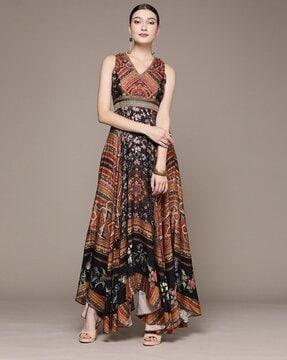 printed fit & flare long dress