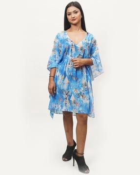 printed fit & flared dress with kimono sleeves
