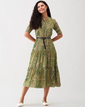 printed fit and flare dress with belt