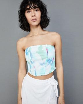 printed fitted off-shoulder tube top