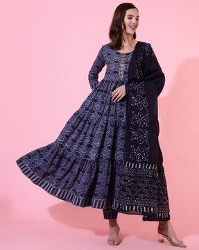 printed flared kurta & pants with dupatta set