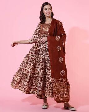 printed flared kurta & pants with dupatta set