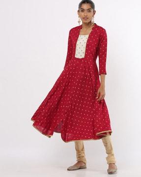 printed flared kurta with contrast yoke