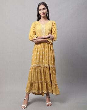 printed flared kurti with tie-up
