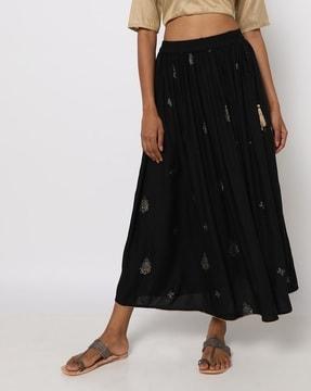 printed flared skirt with tassels