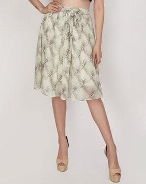 printed flared skirt with waist tie-up
