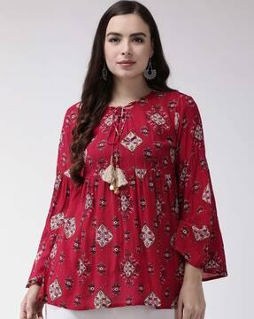 printed flared tunic with tie-up