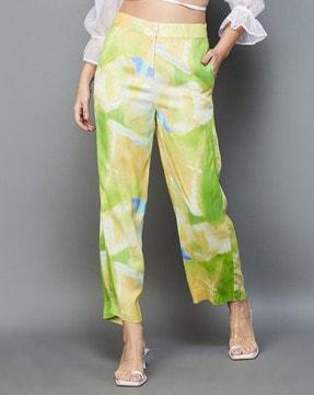 printed flat-front pants with insert pockets