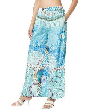 printed flat-front trousers with elasticated waistband