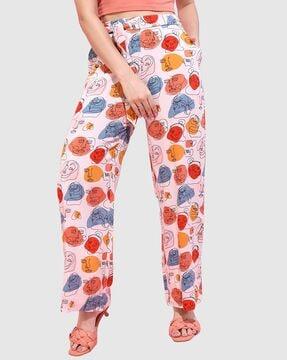 printed flat-front trousers with waist tie-up