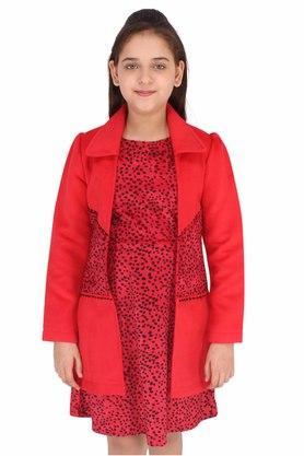 printed fleece and tweed round neck girls shift dress - red