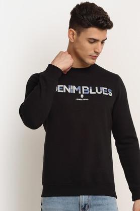 printed fleece round neck mens sweatshirt - black