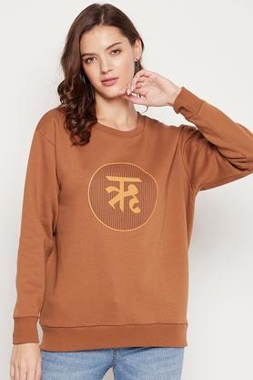 printed fleece round neck women's sweatshirt - brown