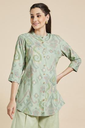 printed flex chinese collar women's tunic - green