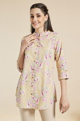 printed flex chinese collar women's tunic - mustard