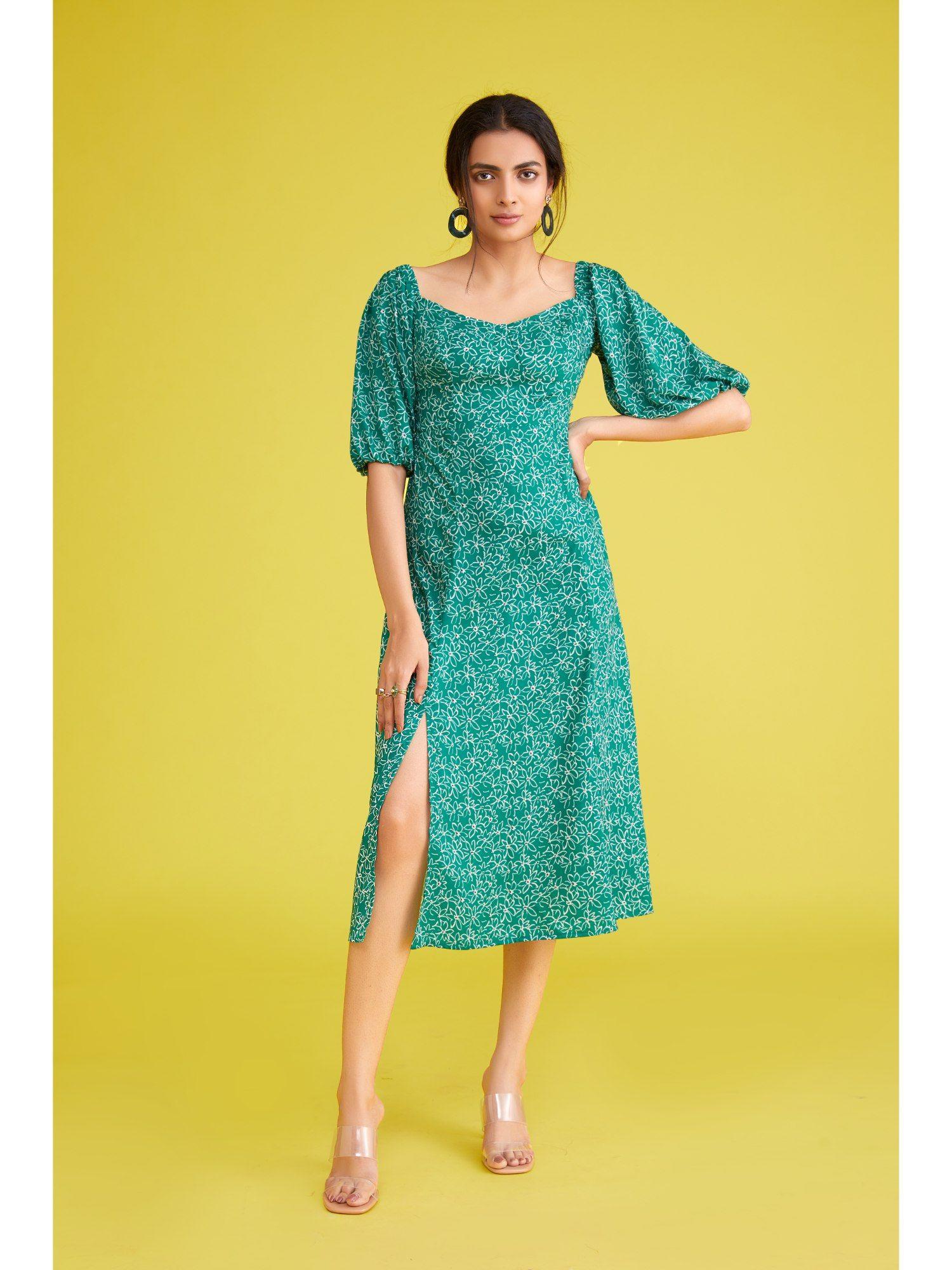 printed floral green judy midi dress with puff sleeves and side slit