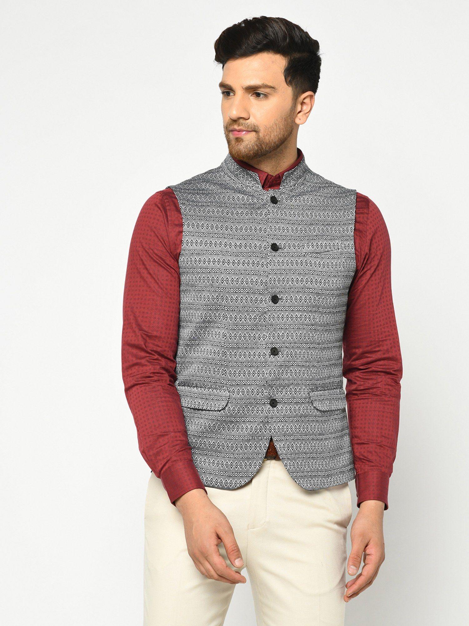 printed formal bandhgala waistcoat in grey blitzen