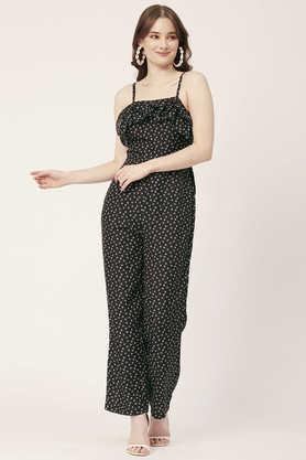 printed frilled jumpsuit poly rayon adjustable spaghetti strap casual romper - black & white