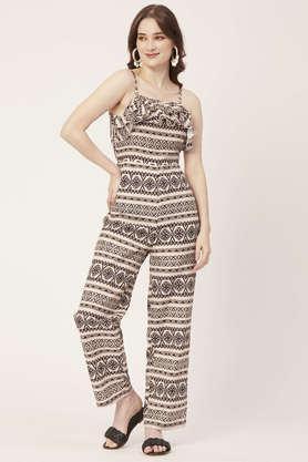 printed frilled jumpsuit poly rayon adjustable spaghetti strap casual romper - natural