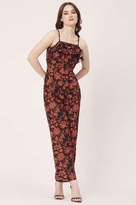 printed frilled jumpsuit poly rayon adjustable spaghetti strap casual romper - orange