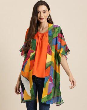 printed front-open shrug with bell sleeves