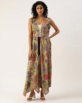 printed front-open shrug with high-low hem